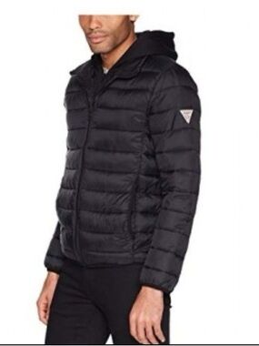 Men's Guess Black Quilted Reversible Hooded Jacket - Large